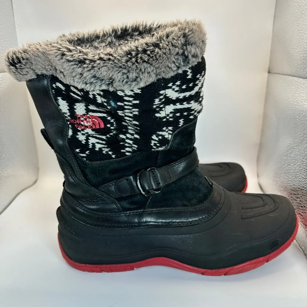 The North Face Winter Boots Women 8 Black Red Waterproof Knit Faux Fur Gorpcore
